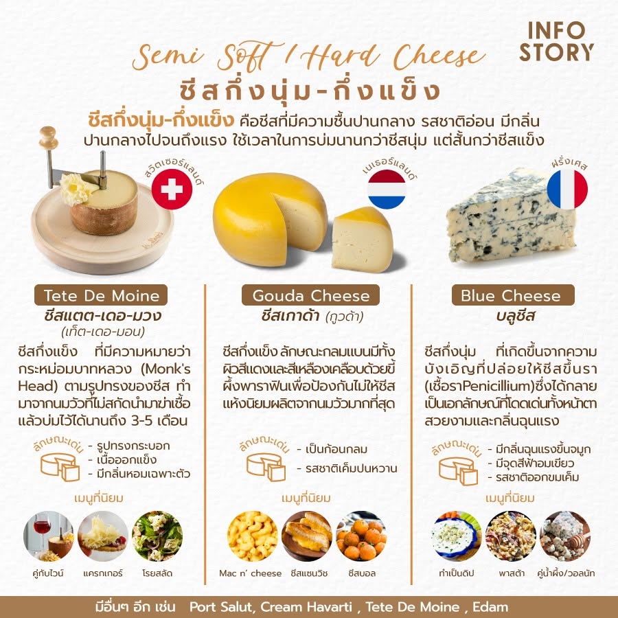 ชีสกึ่งแข็ง-กึ่งนุ่ม (Semi Soft / Hard Cheese) คือชีสที่มีความชื้นปานกลาง รสชาติอ่อน มีกลิ่นปานกลางไปจนถึงแรง ใช้เวลาในการบ่มนานกว่าชีสนุ่ม แต่สั้นกว่าชีสแข็ง