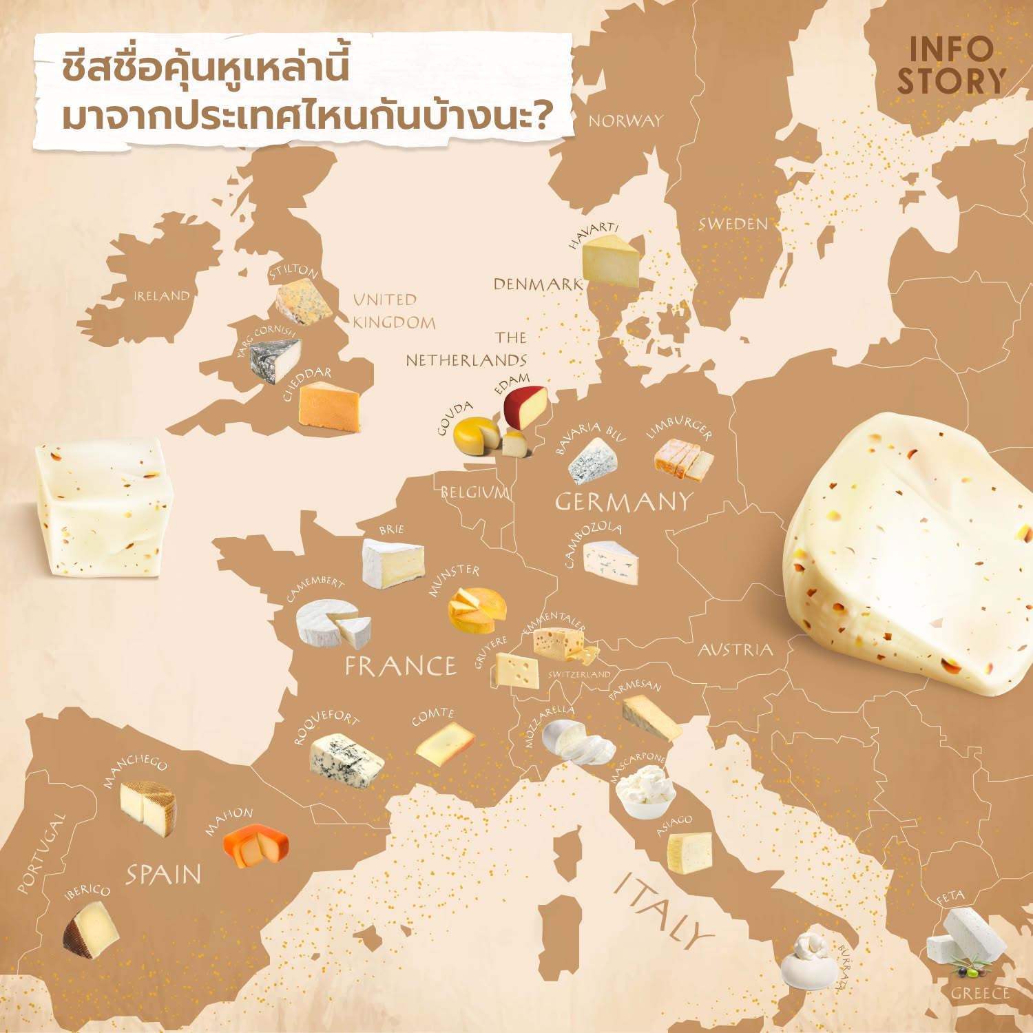 ชีสชื่อคุ้นหูเหล่านี้ มาจากประเทศไหนกันบ้างนะ ? (Europe Cheese)